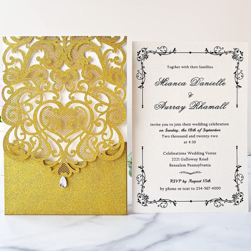 Hosmsua 50PCS Blank Wedding Invitation Cards 5 x 7.3 Inch Gold Laser Cut Hollow Heart Floral Invitation with Rhinestone pockets invitations for Engagement Quinceanera Invite (Gold Glitter) - Image 3
